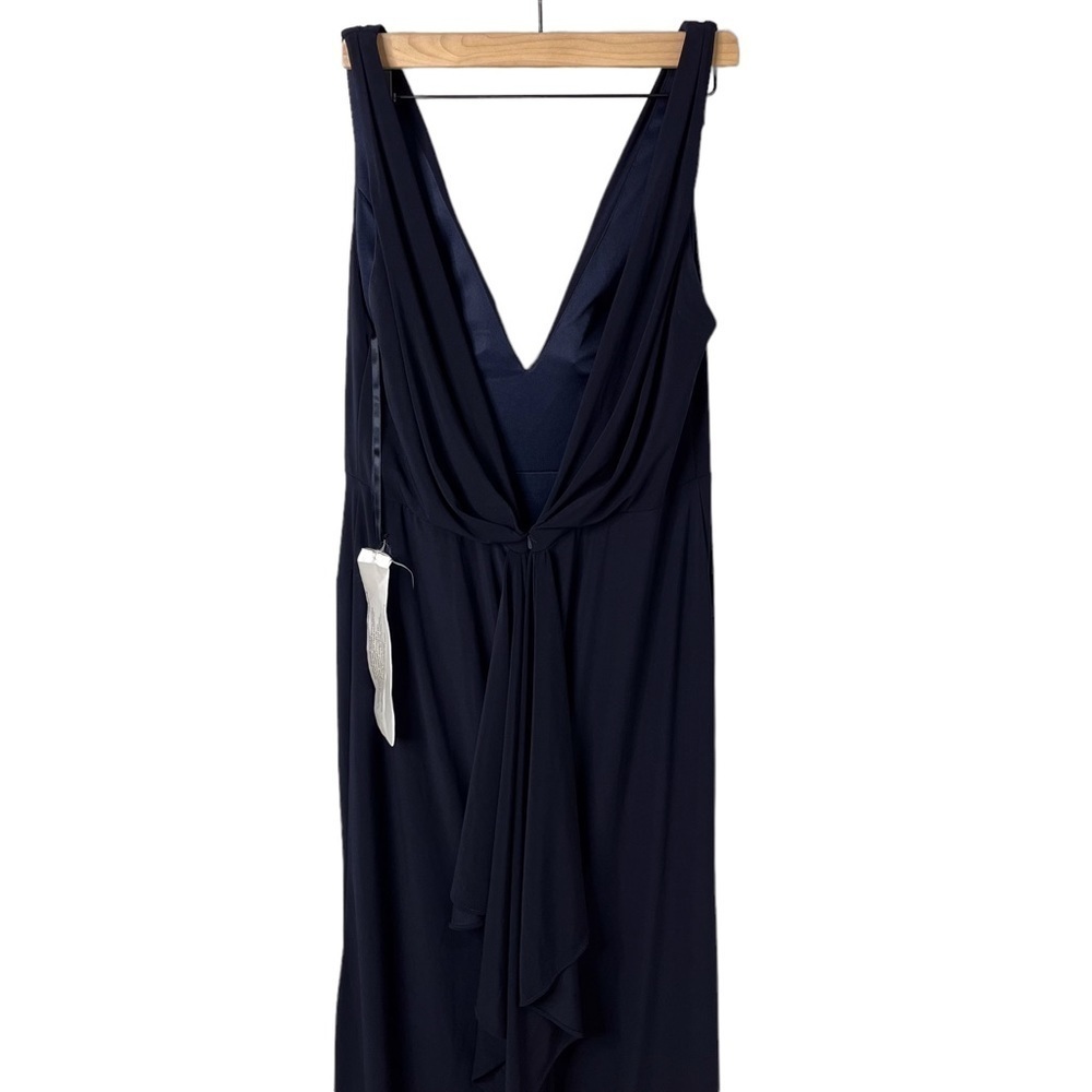 Mac Duggal Ruched Deep V Neck Gown Sleeveless Dress Leg Slit Navy Blue Size 12 - Picture 9 of 11